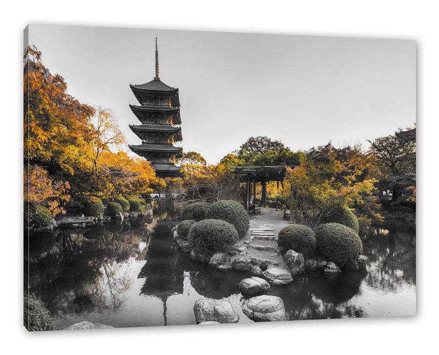 Pixxprint See im Herbst vor japanischem Tempel B&W Detail, Leinwandbild