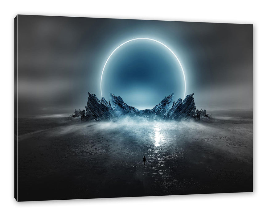 Pixxprint Abstrakter Mond hinter Felsformation B&W Detail, Leinwandbild