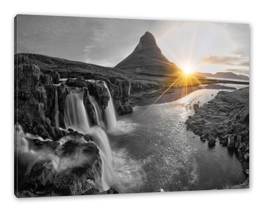 Pixxprint Wasserfall in Isalnd bei Sonnenuntergang B&W Detail, Leinwandbild