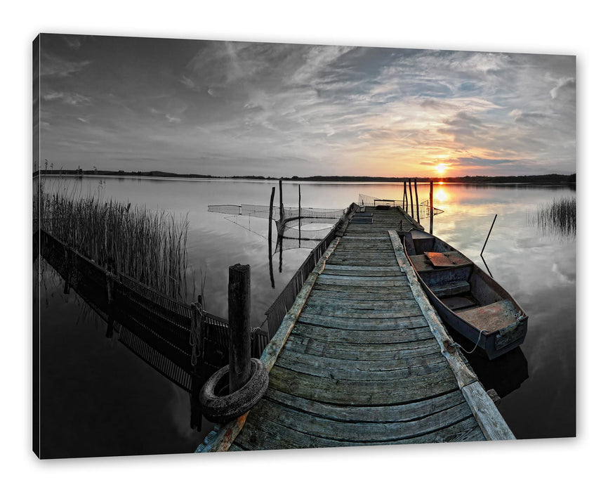 Pixxprint Weitwinkel Holzsteg im Sonnenuntergang B&W Detail, Leinwandbild