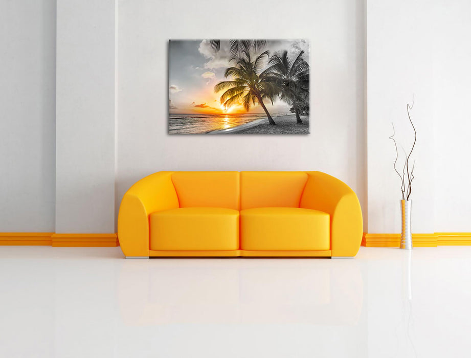 Palmen im Sonnenuntergang auf Barbados B&W Detail Leinwanbild Wohnzimmer Rechteckig