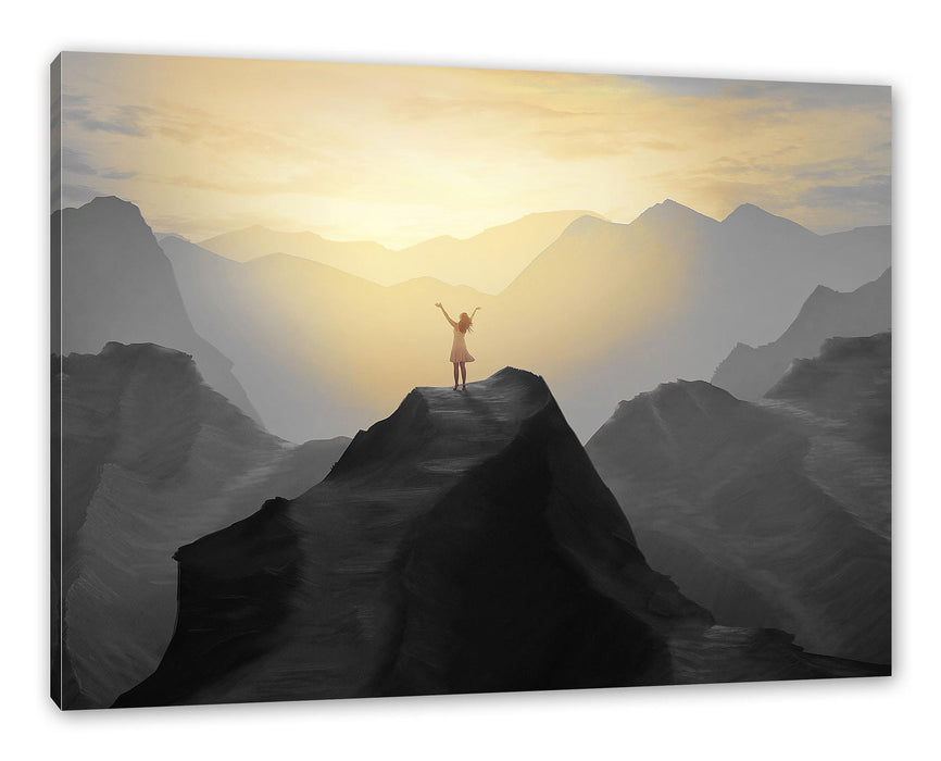 Pixxprint Einsame Frau auf Felszug Anbetung B&W Detail, Leinwandbild