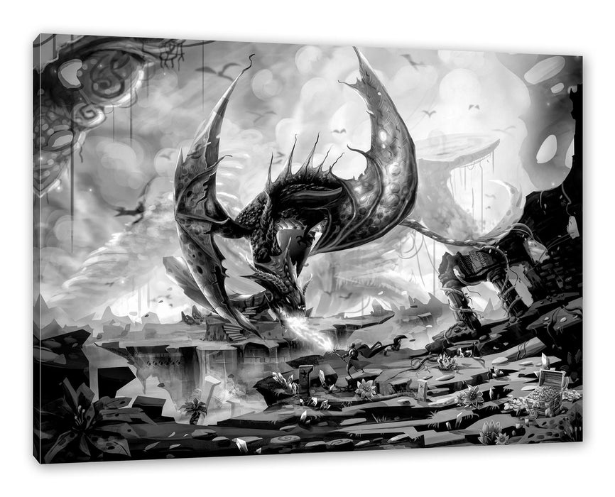 Pixxprint Kampf mit feuerspeiendem Drachen, Monochrome, Leinwandbild