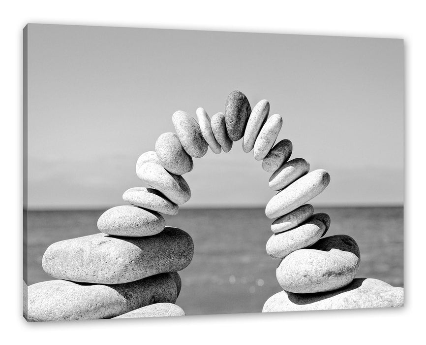 Pixxprint Brücke aus Zen Steinen am Meer, Monochrome, Leinwandbild