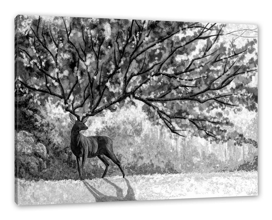 Pixxprint Fantasievoller Hirsch mit Baumgeweih, Monochrome, Leinwandbild