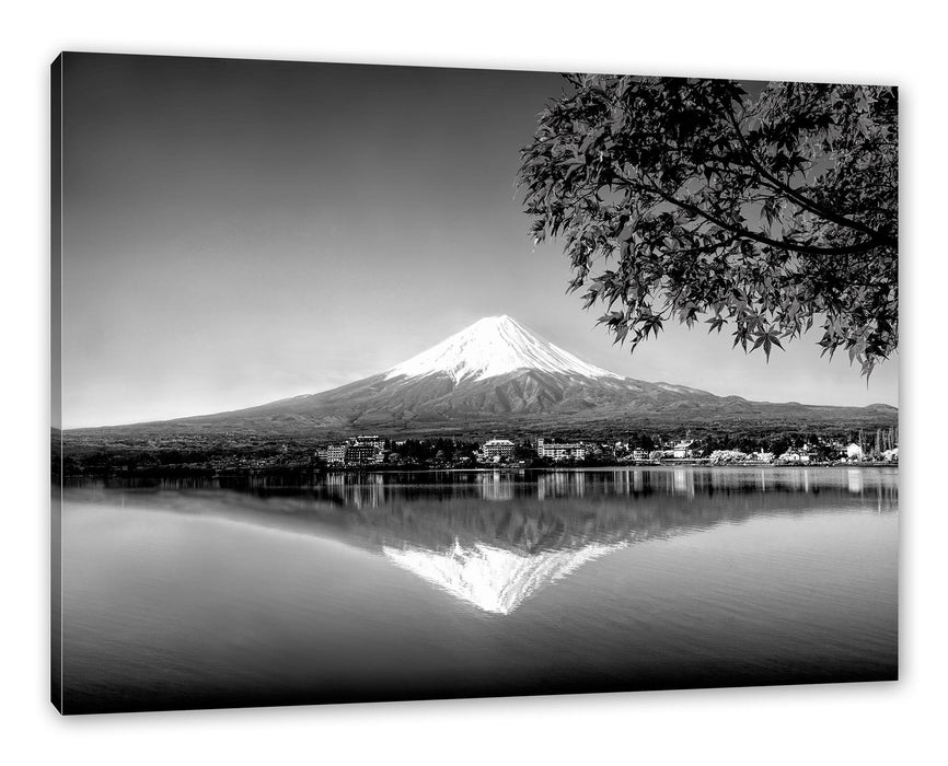 Pixxprint Berg Fujiyama mit herbstlich rotem Baum, Monochrome, Leinwandbild