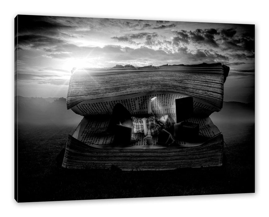 Pixxprint Frau in Buch bei Sonnenuntergang, Monochrome, Leinwandbild