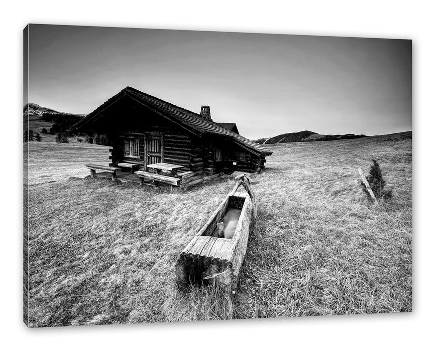 Pixxprint Blockhaus mit Wassertrog Dämmerung, Monochrome, Leinwandbild