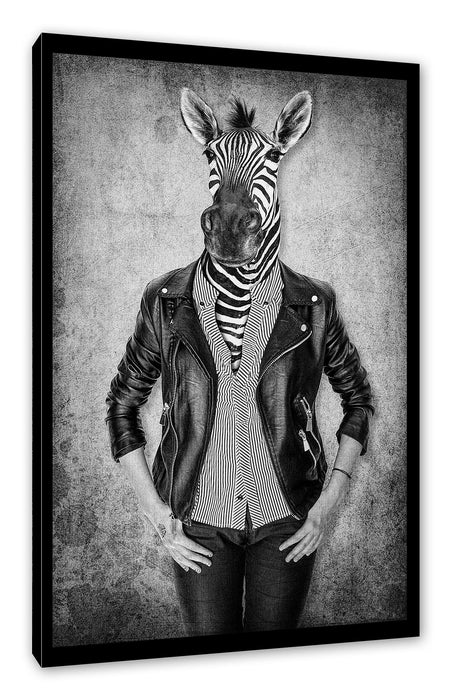 Pixxprint Zebrakopf Menschenkörper mit Lederjacke, Monochrome, Leinwandbild