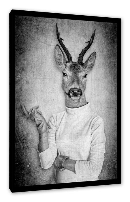 Pixxprint Hirschkopf Menschenkörper im Pullover, Monochrome, Leinwandbild