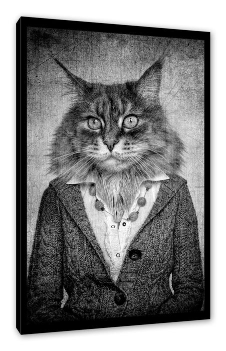 Pixxprint Katzenkopf mit Menschenkörper Blazer, Monochrome, Leinwandbild