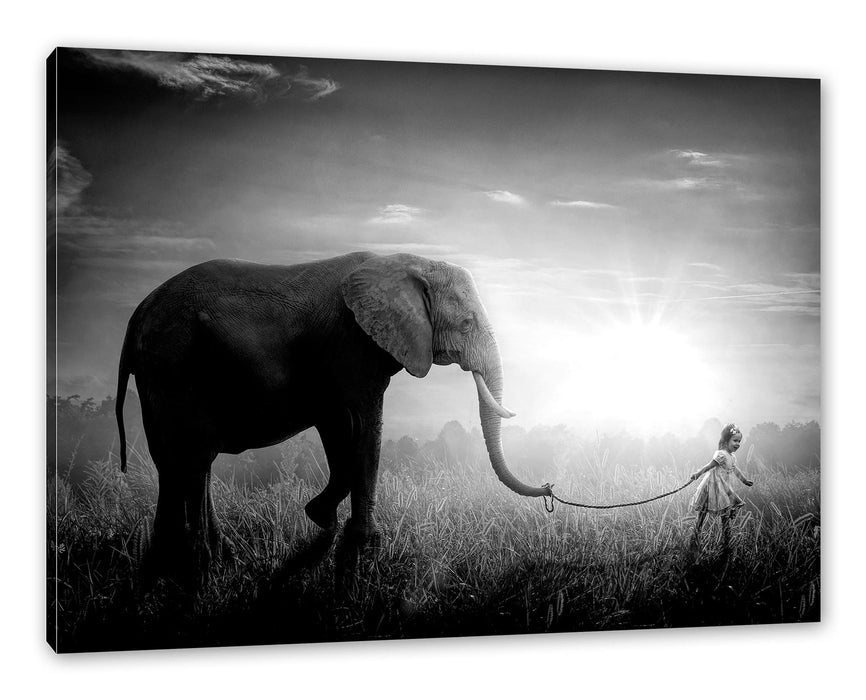 Pixxprint Kind und Elefant bei Sonnenuntergang, Monochrome, Leinwandbild