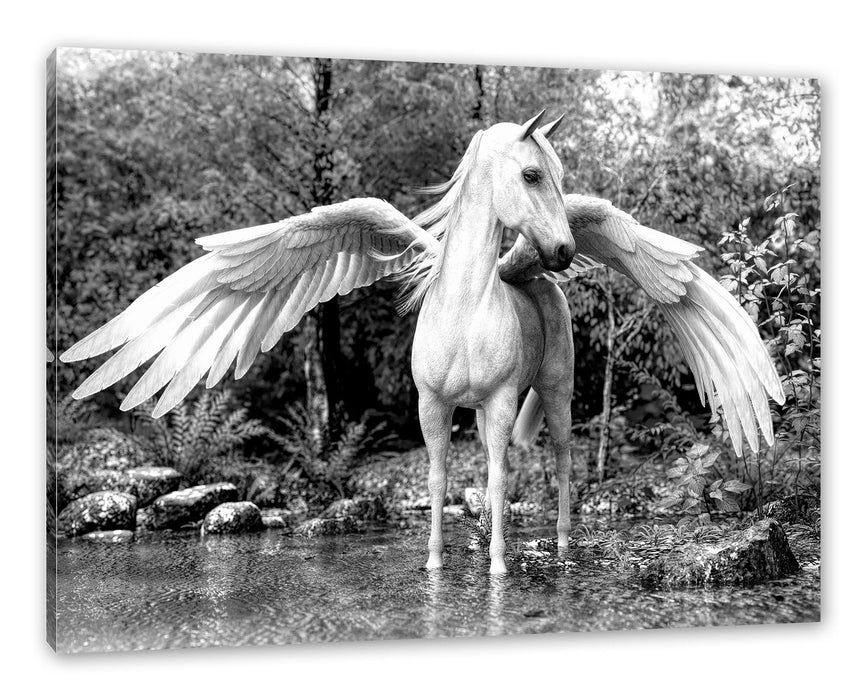Pixxprint Pegasus im Fluss eines Herbstwaldes, Monochrome, Leinwandbild