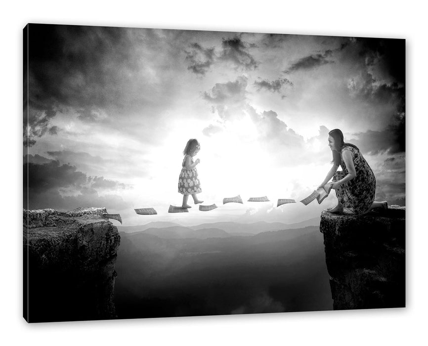 Pixxprint Kind läuft auf Papier über Abgrund, Monochrome, Leinwandbild