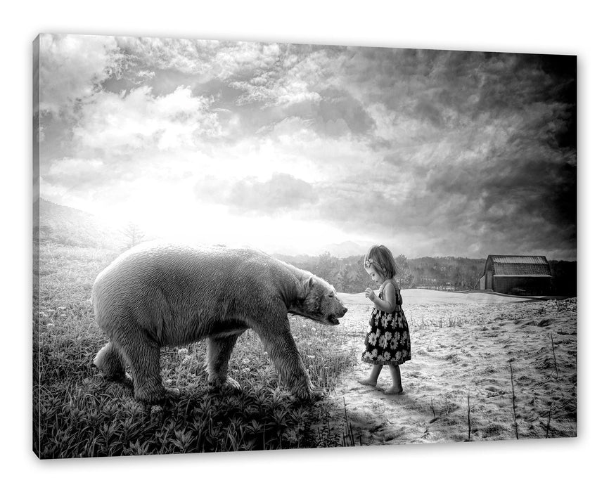 Pixxprint Eisbär im Sommer und Mädchen im Winter, Monochrome, Leinwandbild
