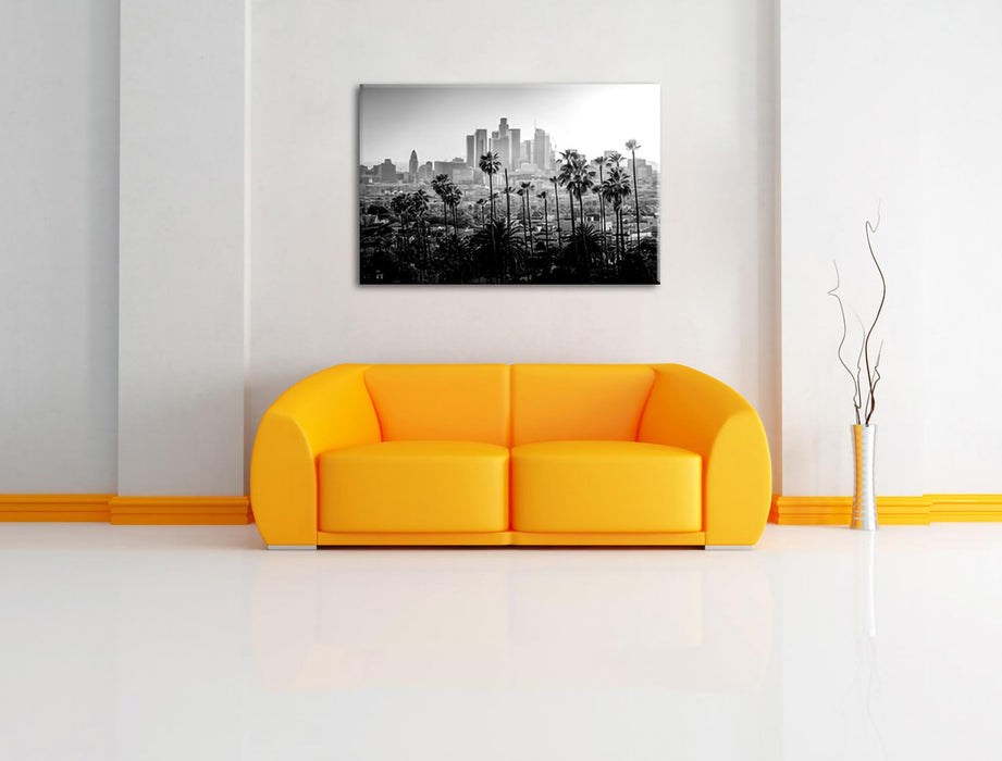 Palmen vor Skyline von Los Angeles, Monochrome Leinwanbild Wohnzimmer Rechteckig