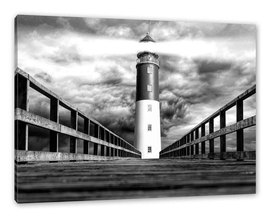 Pixxprint Leuchtturm am Ende eines Stegs, Monochrome, Leinwandbild