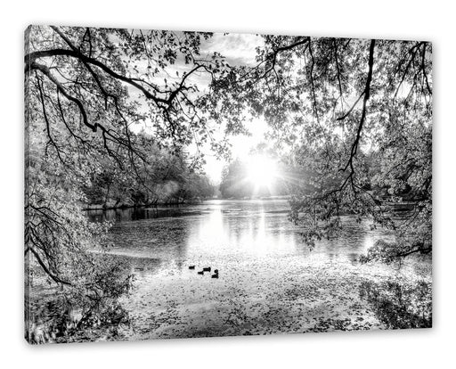 Herbstbäume um See bei Sonnenuntergang, Monochrome Leinwanbild Rechteckig