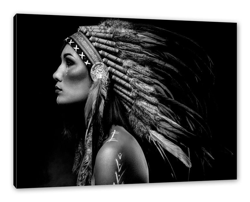 Pixxprint Frau mit buntem indianischen Kopfschmuck, Monochrome, Leinwandbild