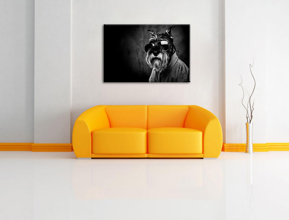 Lustiger Hund mit Hemd und Sonnenbrille, Monochrome Leinwanbild Wohnzimmer Rechteckig