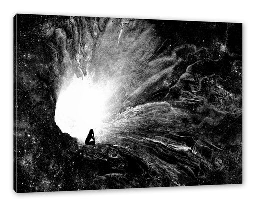 meditierende Frau vor Loch in Galaxie, Monochrome Leinwanbild Rechteckig