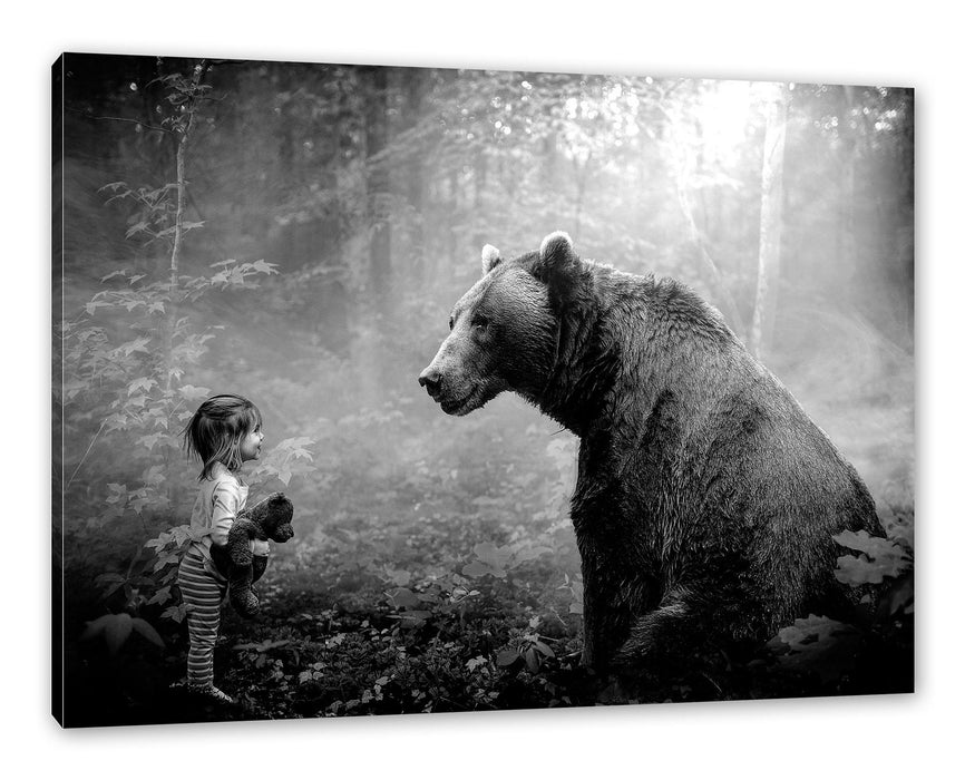 Pixxprint Mädchen mit Teddy und Bär im Wald, Monochrome, Leinwandbild