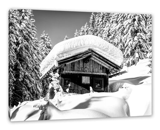 Verschneite Skihütte in Alpenwald, Monochrome Leinwanbild Rechteckig