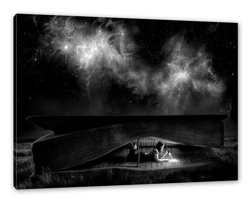 Mädchen liest nachts in einem Buch-Zelt , Monochrome Leinwanbild Rechteckig