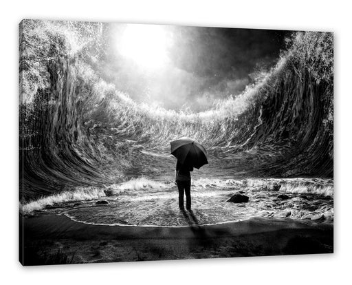 Hohe Wellen um Menschen mit Regenschirm, Monochrome Leinwanbild Rechteckig