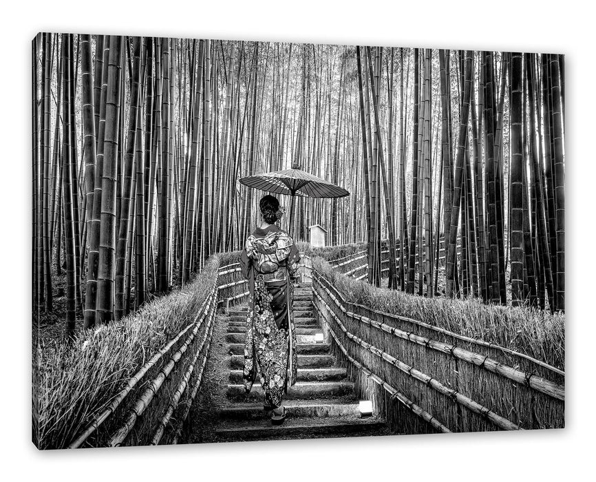 Pixxprint Frau im janapischen Kimono im Bambuswald, Monochrome, Leinwandbild