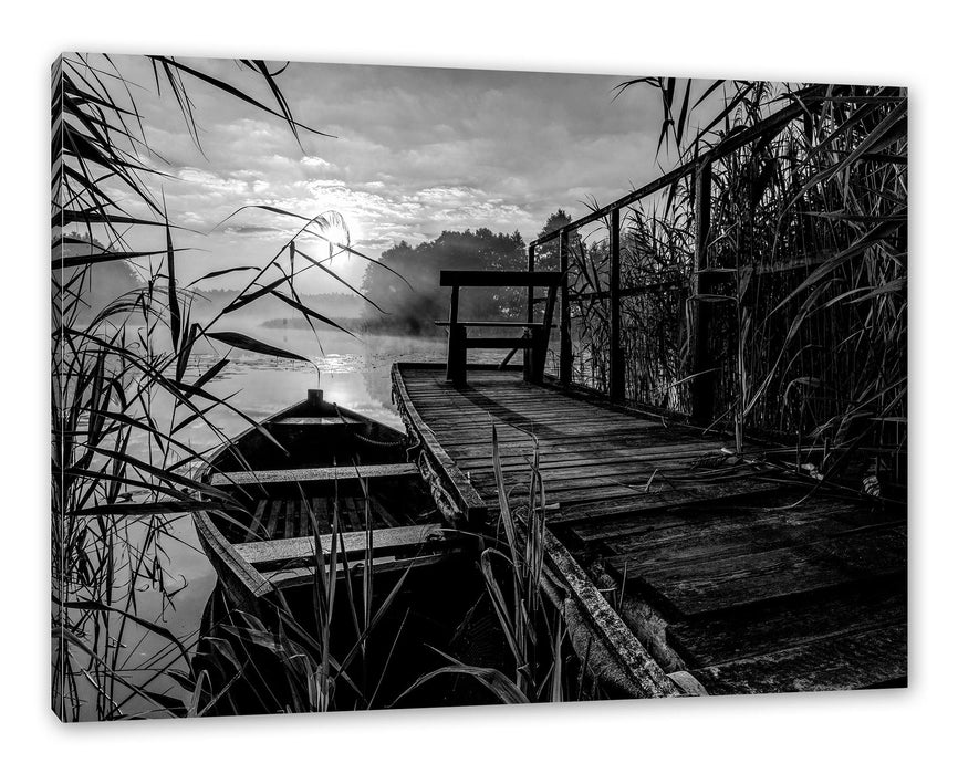 Pixxprint Bootssteg am See bei Sonnenuntergang, Monochrome, Leinwandbild