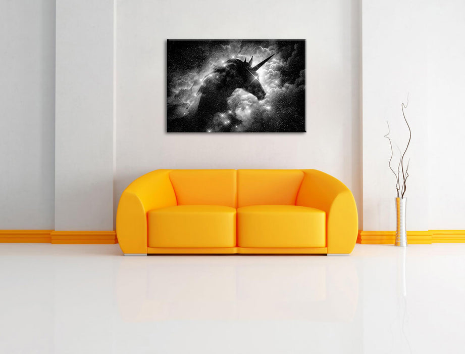 Einhorn Silhouette Galaxie, Monochrome Leinwanbild Wohnzimmer Rechteckig