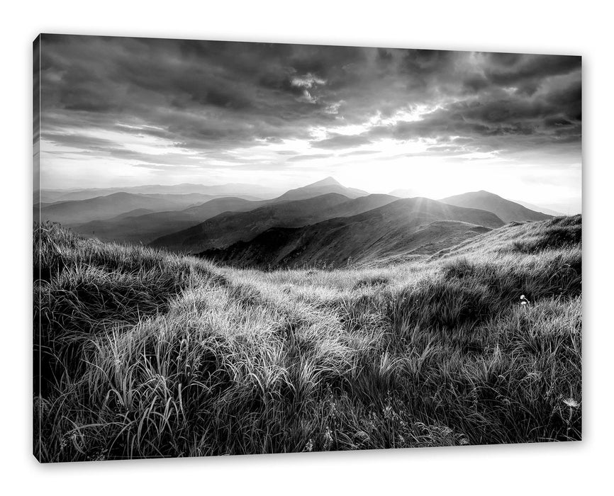 Pixxprint Sommerliche Bergwiese Sonnenuntergang, Monochrome, Leinwandbild