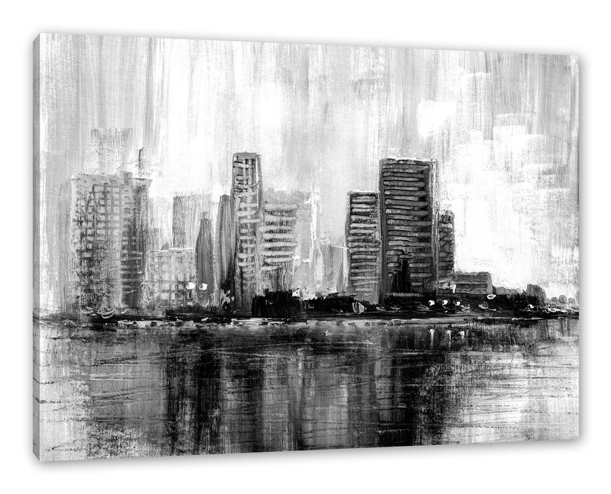 Pixxprint Abstraktes Ölgemälde einer Skyline, Monochrome, Leinwandbild