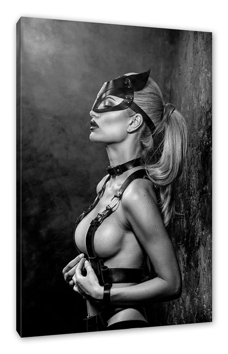 Pixxprint Sexy Blondine in Leder im Rotlicht, Monochrome, Leinwandbild