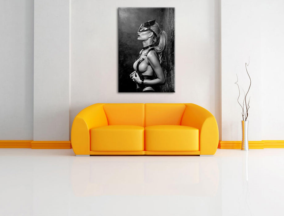 Sexy Blondine in Leder im Rotlicht, Monochrome Leinwanbild Wohnzimmer Rechteckig