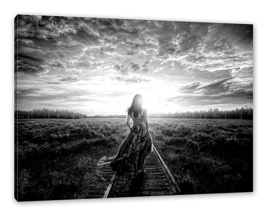 Pixxprint Frau auf Schienen bei Sonnenuntergang, Monochrome, Leinwandbild
