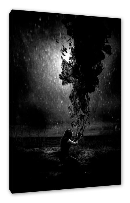Pixxprint Kniende Frau mit dunklen Dämonen, Monochrome, Leinwandbild