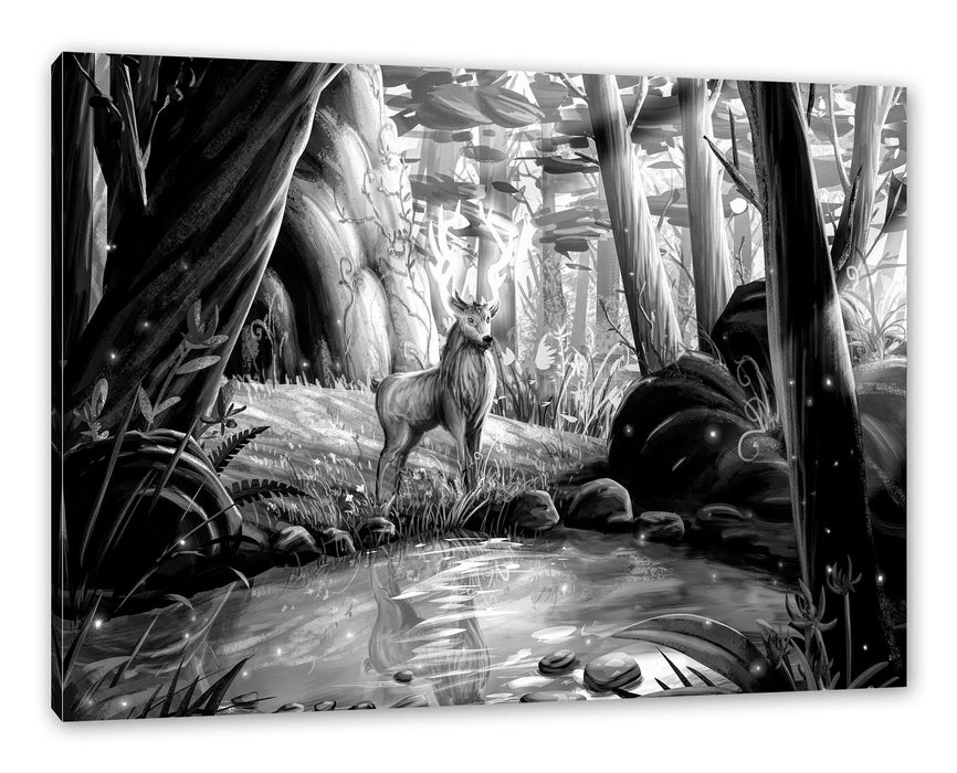 Pixxprint Märchenhafter Hirsch an buntem Waldsee, Monochrome, Leinwandbild