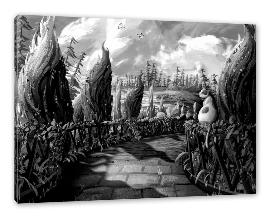 Pixxprint Katze auf Geländer im Wald, Monochrome, Leinwandbild