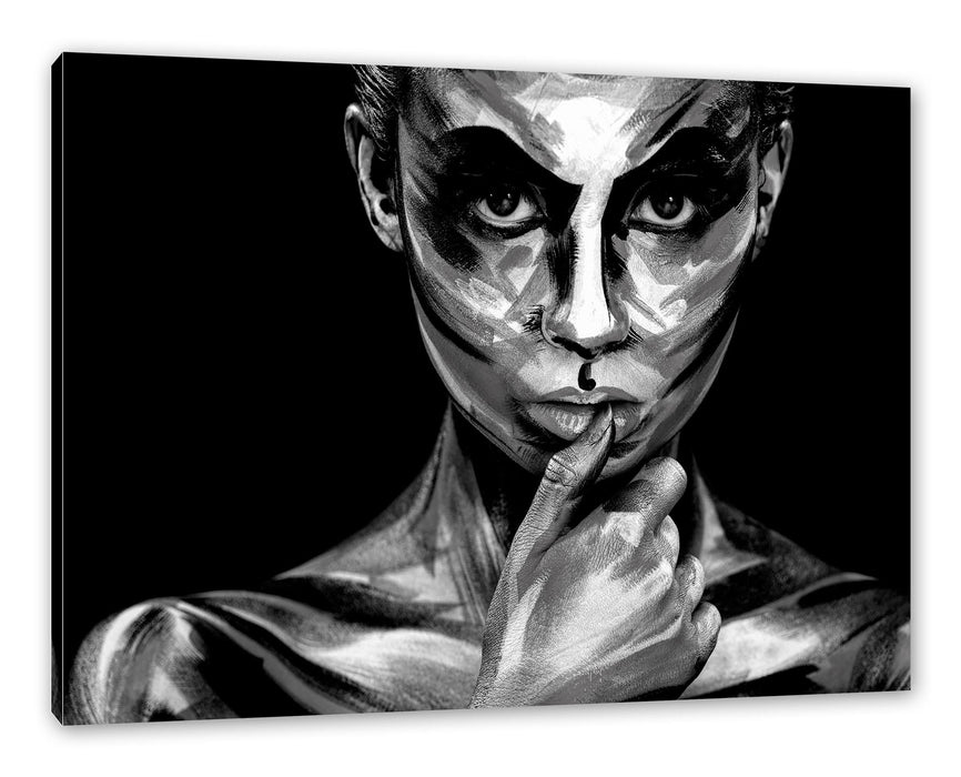 Pixxprint Nahaufnahme Frau mit Bodyart, Monochrome, Leinwandbild