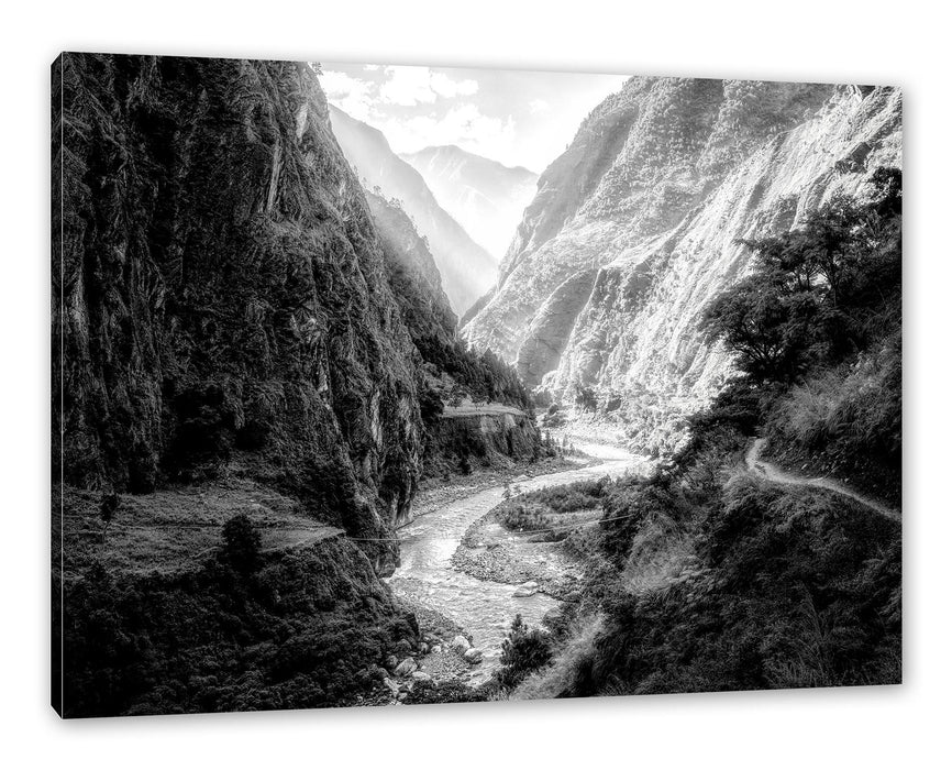 Pixxprint Fluss schlängelt sich durch Bergtal, Monochrome, Leinwandbild