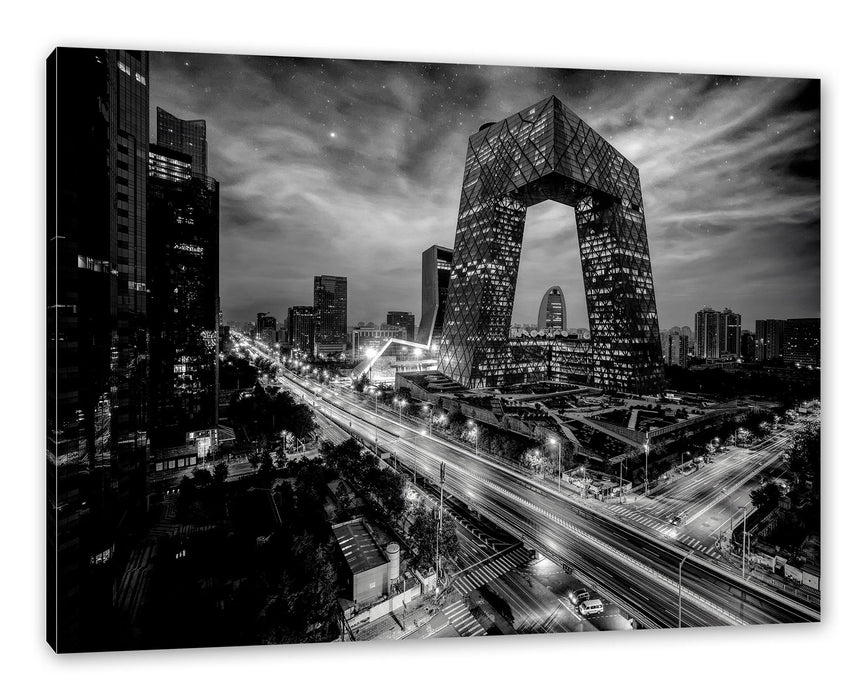 Pixxprint Straßenlichter bei Nacht in Peking, Monochrome, Leinwandbild