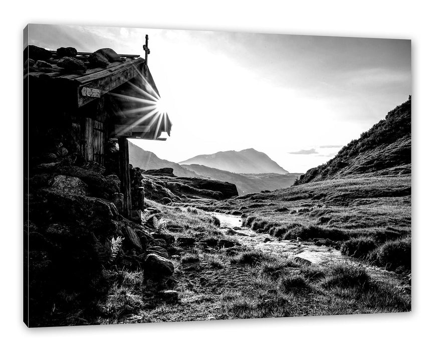 Pixxprint Almhütte am Bach bei Sonnenuntergang, Monochrome, Leinwandbild