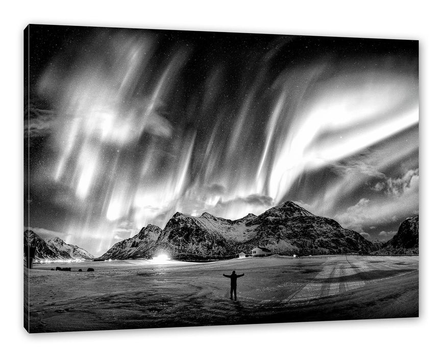 Pixxprint Polarlichter über den Bergen bei Nacht, Monochrome, Leinwandbild