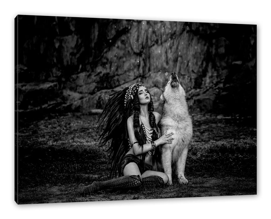 Indianische Frau und heulender Wolfshund, Monochrome Leinwanbild Rechteckig