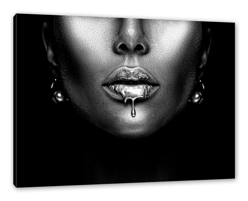 Pixxprint Frauenmund mit goldenem Gloss, Monochrome, Leinwandbild
