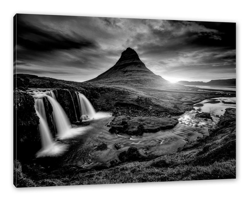 Pixxprint Kirkjufell Vulkan im Sonnenuntergang, Monochrome, Leinwandbild