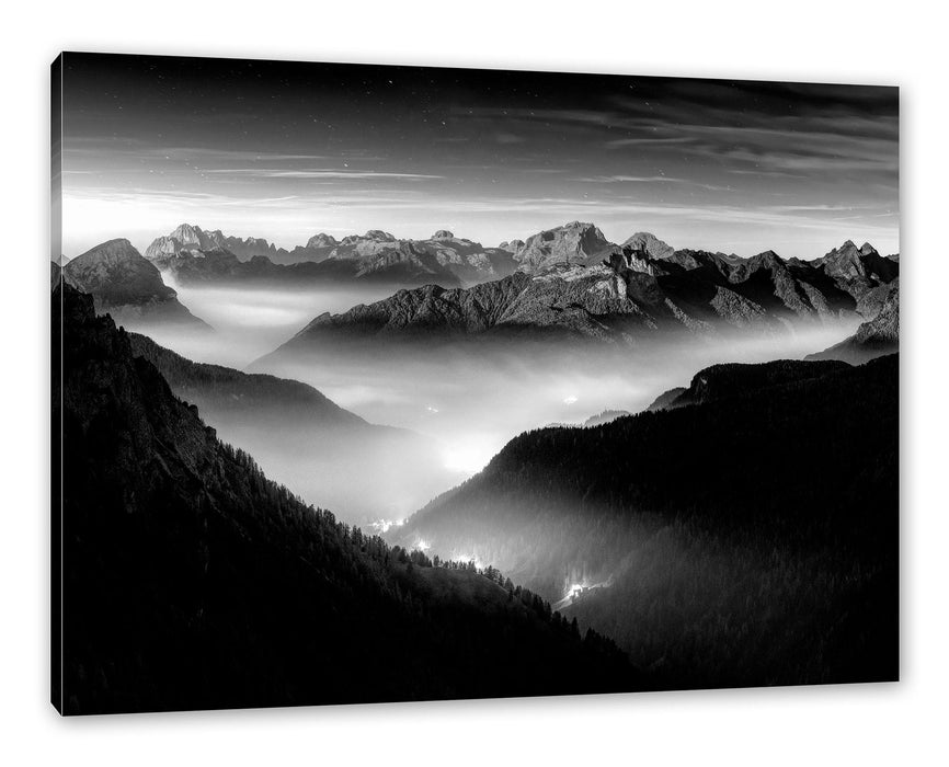 Pixxprint Leuchtender Nebel in Bergtälern, Monochrome, Leinwandbild