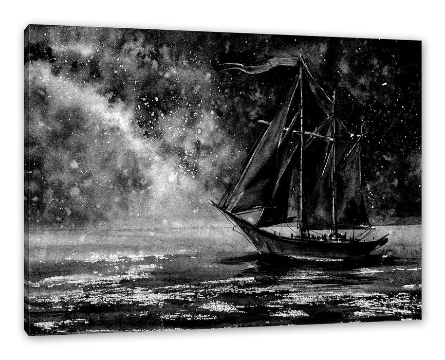 Pixxprint Rotes Segelboot in Sternenheller Nacht, Monochrome, Leinwandbild